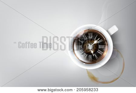 A realistic cup of black coffee and coffee cup stain with coffee clock concept , transparent vector