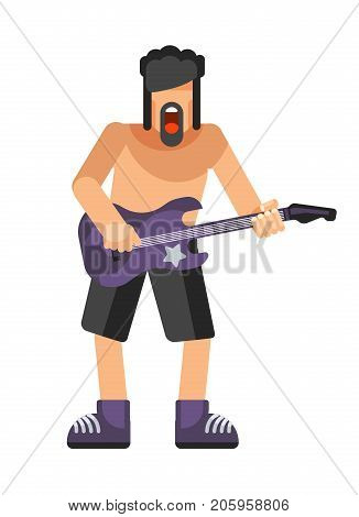 Rock guitarist with long dark hair and beard topless and in black shorts stands with open mouths and purple guitar isolated vector illustration on white background. Professional musician sings live.