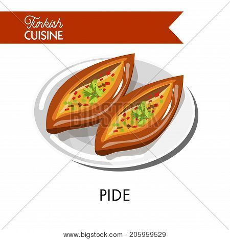 Tasty pide from Turkish cuisine on shiny plate isolated vector illustration. Dish that consists of bread cake in the form of boat, on which placed minced meat with fresh vegetables and tender cheese.
