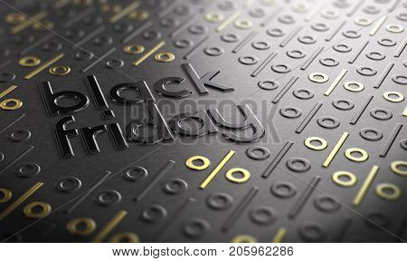 Text Black Friday embossed on paper texture with golden percent symbols. Sales concept.3D illustration.