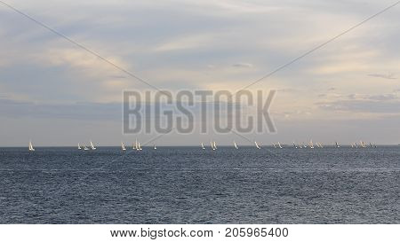 St Kilda, Australia: March 15, 2017: Sail boats racing on the ocean off St Kilda Pier where they are harbored.