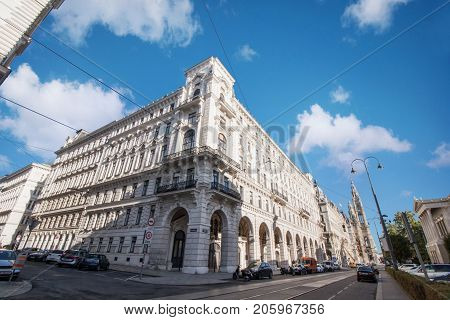 Low angle view of Rathaus city hall at Rathausplatz in Innere Stadt district at Vienna, Austria