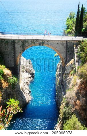 famous picturesque road viaduct of Amalfi coast, Italy, retro toned