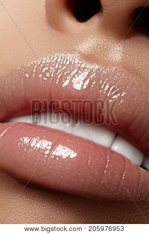 Moisturizing Lip Balm, Lipstick. Close-up Of A Beautiful Sexy Wet Lips. Full Lips With Gloss Makeup.