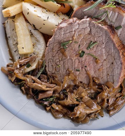 Beef Roast with Mashed Potatoes and Root Vegetables