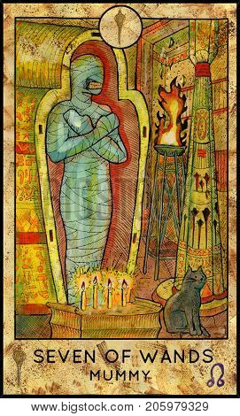Mummy. Seven of wands. Fantasy Creatures Tarot full deck. Minor arcana. Hand drawn graphic illustration, engraved colorful painting with occult symbols. Halloween background