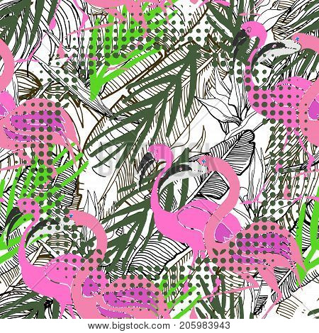 Tropical seamless background. Hand drawn vector pattern with palm leavesflamingo tropical plants. Stylish background for textile  pattern fills covers surface print wrapping.