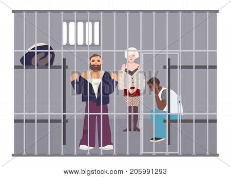 Criminals in cell at police station or jail. Prisoners locked up in room with metal grid. Offenders or arrested people in detention center. Flat cartoon characters. Colorful vector illustration