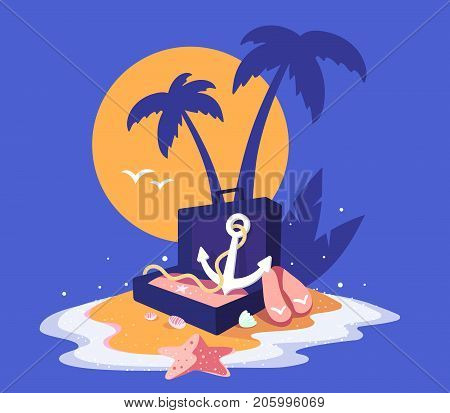 Vector Creative Illustration Of A Sandy Island In The Ocean With A Palm Tree, An Open Suitcase And A