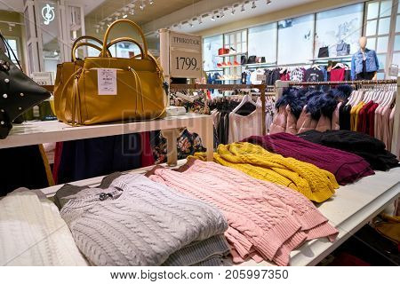 SAINT PETERSBURG, RUSSIA - CIRCA AUGUST, 2017: inside Stradivarius store at Galeria shopping center. Stradivarius is an international women and men clothing fashion brand