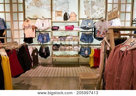SAINT PETERSBURG, RUSSIA - CIRCA AUGUST, 2017: inside Stradivarius store at Galeria shopping center. Stradivarius is an international women and men clothing fashion brand