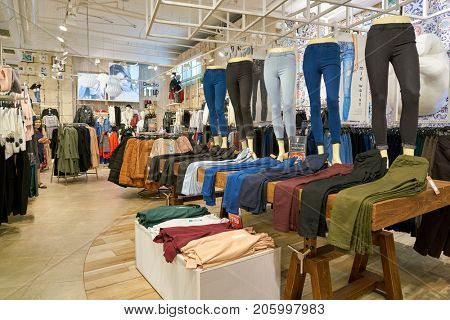 SAINT PETERSBURG, RUSSIA - CIRCA AUGUST, 2017: inside befree store at Galeria shopping center. Galeria is major shopping and entertainment center is located in downtown of St. Petersburg