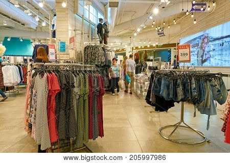 SAINT PETERSBURG, RUSSIA - CIRCA AUGUST, 2017: inside befree store at Galeria shopping center. Galeria is major shopping and entertainment center is located in downtown of St. Petersburg