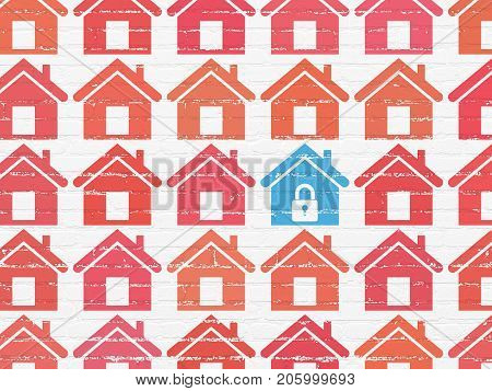 Protection concept: rows of Painted red home icons around blue home icon on White Brick wall background