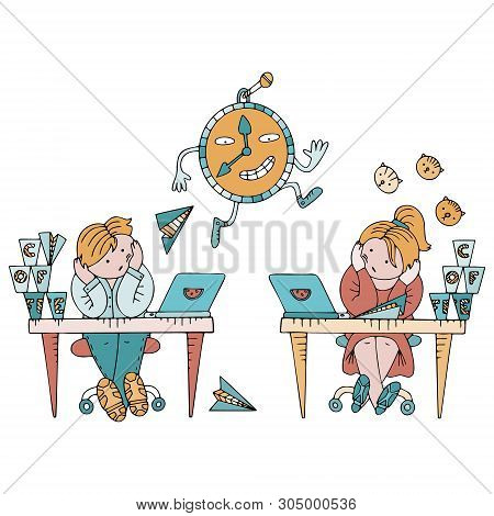 Person Sitting In A State Of Procrastination At A Working Table. Boring Working Space With Time Runn