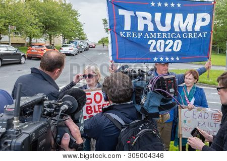 Shannon, Ireland, June. 5, 2019: A Group Of Pro Trump Supporters At Shannon Airport, Ireland