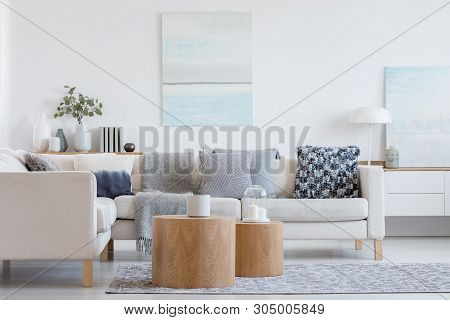 Two Wooden Coffee Tables With Plant In Pot In Front Of Grey Corner Sofa In Fashionable Living Room I
