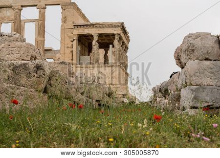 Ancient Statues Of The Caryatids On The Erechtheion Or Erechtheum Temple In Acropolis