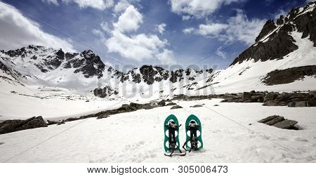 Panoramic View On Snowshoes In Snowy Mountains And Cloudy Sky. Turkey, Kachkar Mountains, Highest Pa