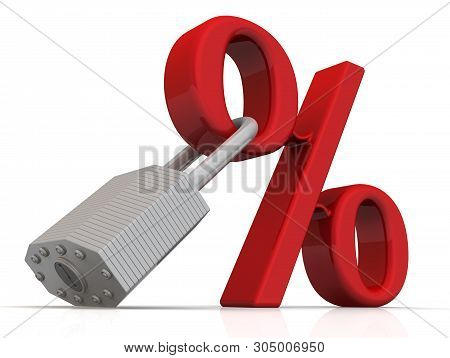 Fixed Interest Rate. Red Percentage Sign With A Padlock On White Surface. Isolated. 3d Illustration