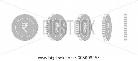 Indian Rupee Rotating Coins Set, Animation Ready. Black And White Inr Silver Coins Rotation. India M