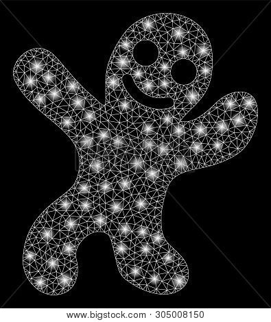 Bright Mesh Happy Cookie Man With Lightspot Effect. Abstract Illuminated Model Of Happy Cookie Man I