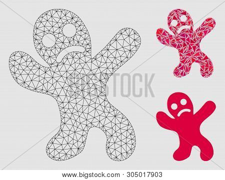 Mesh Sad Cookie Man Model With Triangle Mosaic Icon. Wire Frame Triangular Network Of Sad Cookie Man