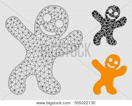 Mesh Happy Cookie Man Model With Triangle Mosaic Icon. Wire Frame Polygonal Mesh Of Happy Cookie Man