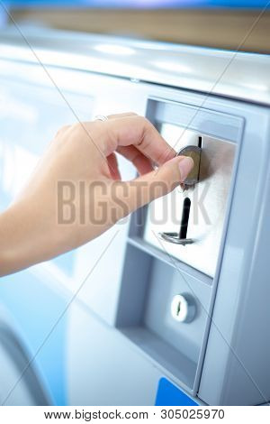 Coin Slot Of Coin Laundry Vending Machine, Coin Inserting By Hand