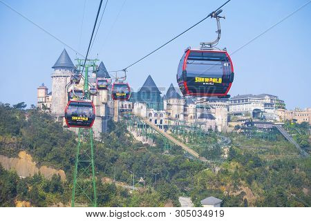 Danang,vietnam - 2019 February 25 : Sunworld Cable Car Service On Banahil,dream Park With Hotel On H