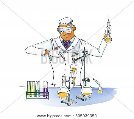 Crazy Chemist. Man In Overalls Conducts Chemical Experiments. Test Tubes And Flasks On A Tripod. Sub