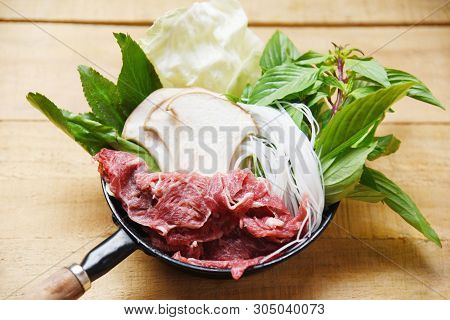Sukiyaki Set Shabu Shabu With Meat Beef Slice Noodle Mushroom And Fresh Vegetables On Pot Japanese F