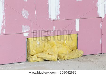 Gypsum Wall With Mineral Wool As Insulation Behind Plasterboard, Under Construction