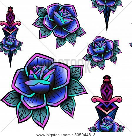 Old School Retro Vintage Doodle Tattoo Seamless Pattern.rose,knife.continuous Openwork Emblems Symbo