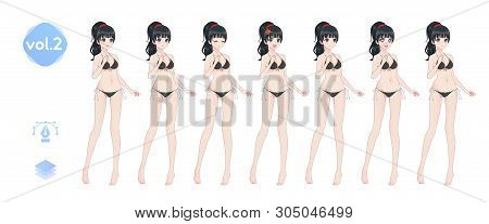 Anime Manga Girl, Cartoon Character In Japanese Style. In A Summer Bikini Swimsuit. Set Of Emotions.