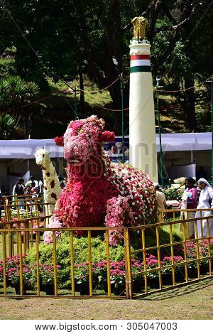 Kodaikanal, Tamilnadu, India - June 2, 2019: Nandi Statue Made With Flowers At The 58th Flower Show 