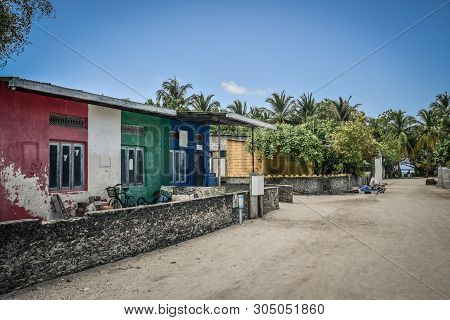 Fehendhoo Island, Maldives - March 26, 2018: Empty Street In Traditional Maldivian Village On Fehend