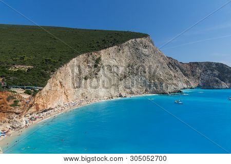 Porto Katsiki Beach, Lefkada, Greece - July 16, 2014: People And Yachts At Blue Waters Of Porto Kats