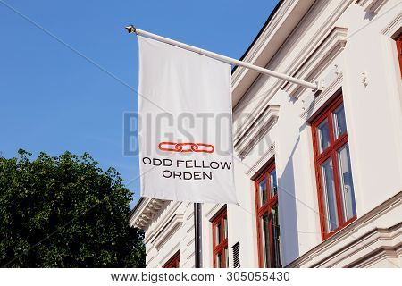 Strangnas, Sweden - June 5, 2019: The Swedish Odd Fellows Order Flag Outside Its Building Located At