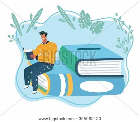 Cartoon Vector Illustration Of Businessman Reading A Book On Stack Of Big Books.
