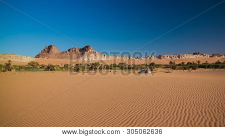 Panoramic View To Boukkou Lake Group Of Ounianga Serir Lakes At Sunset , Ennedi, Chad