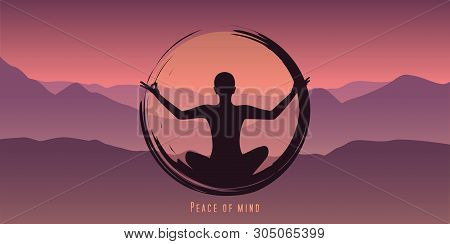 Peace Of Mind Meditation Concept Silhouette With Mountain Background Vector Illustration Eps10