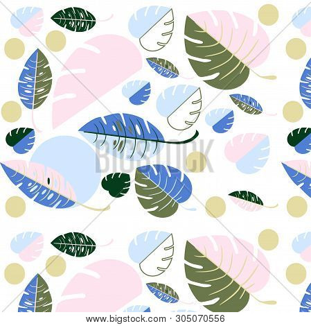 Vector Neon Summer Pattern With Tropical Leaves. The Beautiful Leaves Of Monstera And Fern Are Blue 