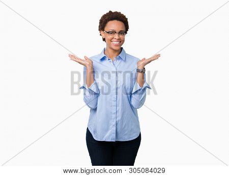 Young beautiful african american business woman over isolated background Smiling showing both hands open palms, presenting and advertising comparison and balance