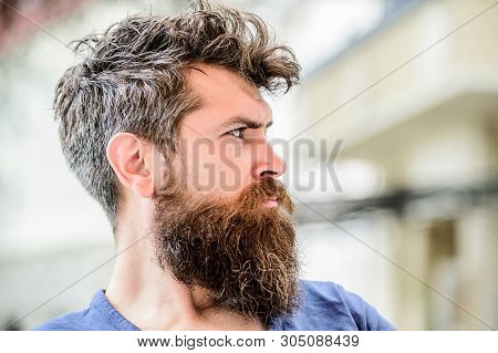 Waiting And Tinking. Thoughtful Man Outdoor. Facial Skin Care. Mature Hipster With Beard Hair. Beard