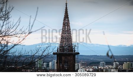 Freiburg Im Breisgau, Germany - December 31, 2017 Aerial View Of The City Center With The Clock Towe