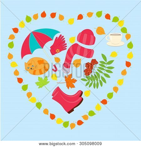Vector Colorful Autumn Set In A Heart Of Leaves: Umbrella, Boots, Gloves, Rowan, Cat, Tea, Hat On Bl
