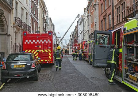 London, United Kingdom - January 28, 2013: Fire Fighters Emergency Brigade With Equipment In Albemar