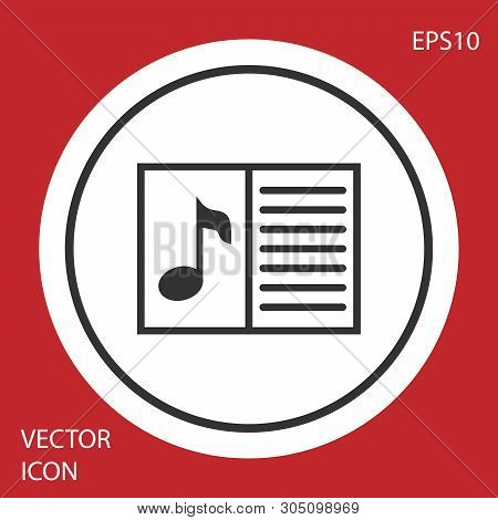 Grey Music Book With Note Icon Isolated On Red Background. Music Sheet With Note Stave. Notebook For