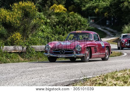 Pesaro Colle San Bartolo , Italy - May 17 - 2018 : Mercedes-benz 300 Sl CoupÉ (w198) 1955 On An Old 